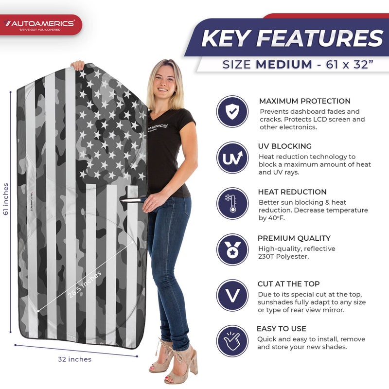 Autoamerics 1-Piece Windshield Sun Shade Gray Camo American Flag USA Design - Foldable Car Front Window Sunshade for Most Sedans SUV Truck - Blocks Max UV Rays and Keeps Your Vehicle Cool - Medium - Image 2