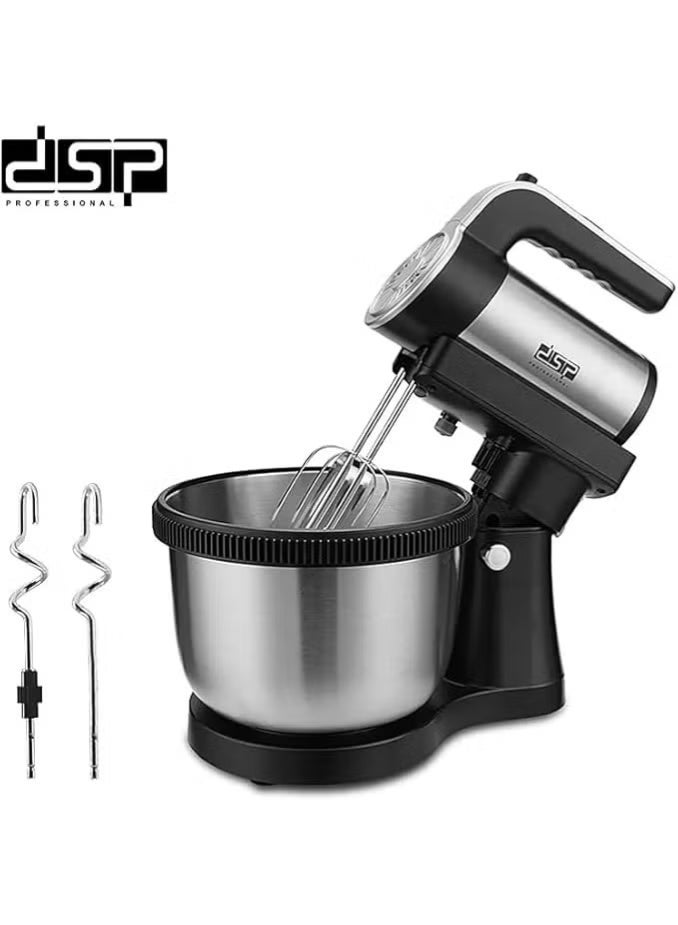 DSP 5-speed, 4L stand mixer, model DSP KM3058. Stainless steel stand mixer with two mixing paddles and chrome dough hooks. - Image 1