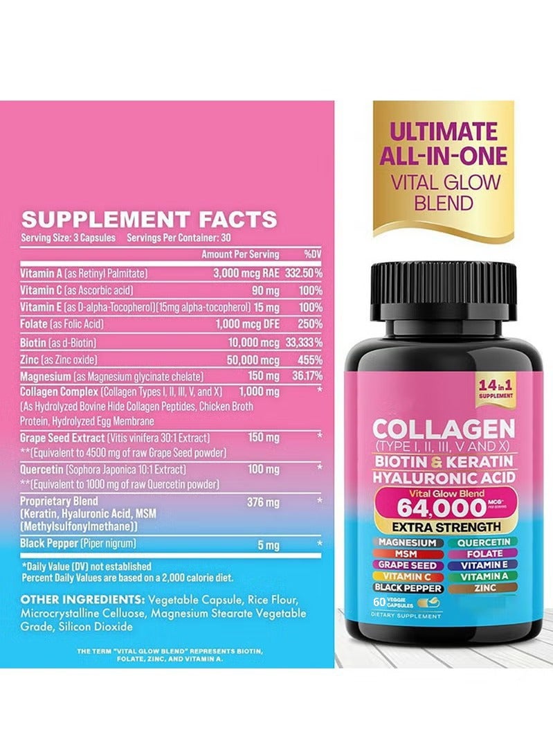 Collagen Collagen Pills Peptides Types I, II, III, V & X MCG Biotin Keratin Hyaluronic Acid MSM Vitamin A Vitamin C Vitamin E Folic Acid Zinc Magnesium with Grape Seed Extract, Quercetin 60 Caps - Image 4