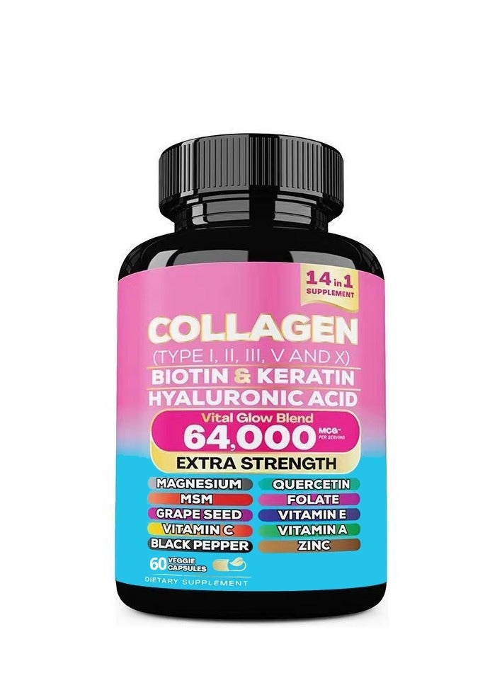 Collagen Collagen Pills Peptides Types I, II, III, V & X MCG Biotin Keratin Hyaluronic Acid MSM Vitamin A Vitamin C Vitamin E Folic Acid Zinc Magnesium with Grape Seed Extract, Quercetin 60 Caps - Image 1