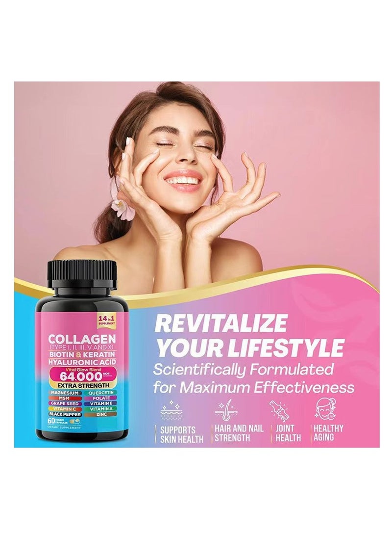 Collagen Collagen Pills Peptides Types I, II, III, V & X MCG Biotin Keratin Hyaluronic Acid MSM Vitamin A Vitamin C Vitamin E Folic Acid Zinc Magnesium with Grape Seed Extract, Quercetin 60 Caps - Image 2