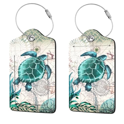 Anikathy 2 Pcs Luggage Tags for Suitcase, Cute Unique PU Leather Travel Bag Tag with Privacy Cover ID Label Address Card and Durable Metal Ring Suitable for Men Women Children Backpack, Turtles - Image 1
