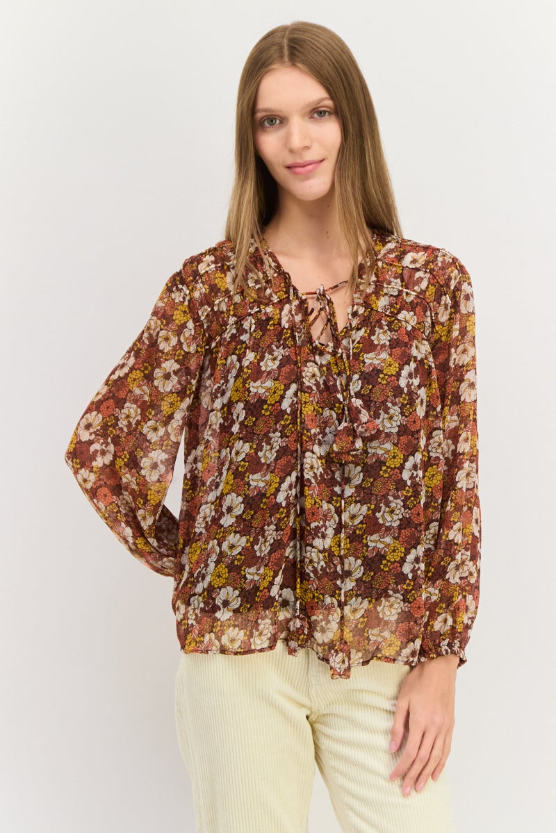 Pepe Jeans بلوزة نسائية بأكمام طويلة ورباط عنق، مطبوعة بألوان متعددة - Image 1