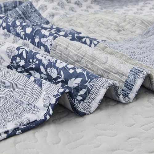 Cozyholy Navy Blue Gray Oversized King Quilt Set 128x120, 3 Piece Quilted Bedspread Set Patchwork Plaid Bedding Comforter Set Reversible Lightweight Microfiber Bed Spread Coverlet Set for All Seasons - Image 4