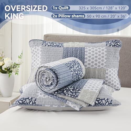Cozyholy Navy Blue Gray Oversized King Quilt Set 128x120, 3 Piece Quilted Bedspread Set Patchwork Plaid Bedding Comforter Set Reversible Lightweight Microfiber Bed Spread Coverlet Set for All Seasons - Image 2