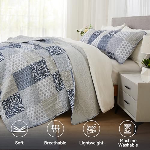 Cozyholy Navy Blue Gray Oversized King Quilt Set 128x120, 3 Piece Quilted Bedspread Set Patchwork Plaid Bedding Comforter Set Reversible Lightweight Microfiber Bed Spread Coverlet Set for All Seasons - Image 3