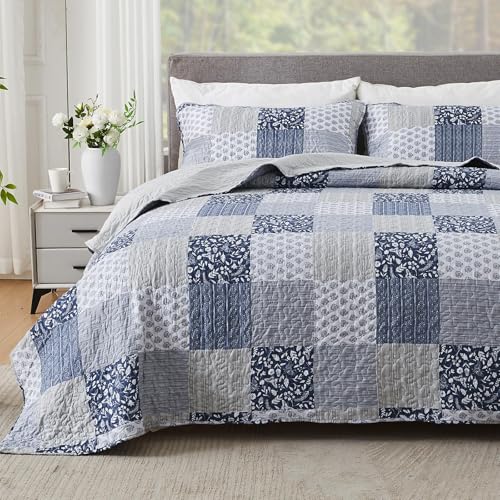 Cozyholy Navy Blue Gray Oversized King Quilt Set 128x120, 3 Piece Quilted Bedspread Set Patchwork Plaid Bedding Comforter Set Reversible Lightweight Microfiber Bed Spread Coverlet Set for All Seasons - Image 1