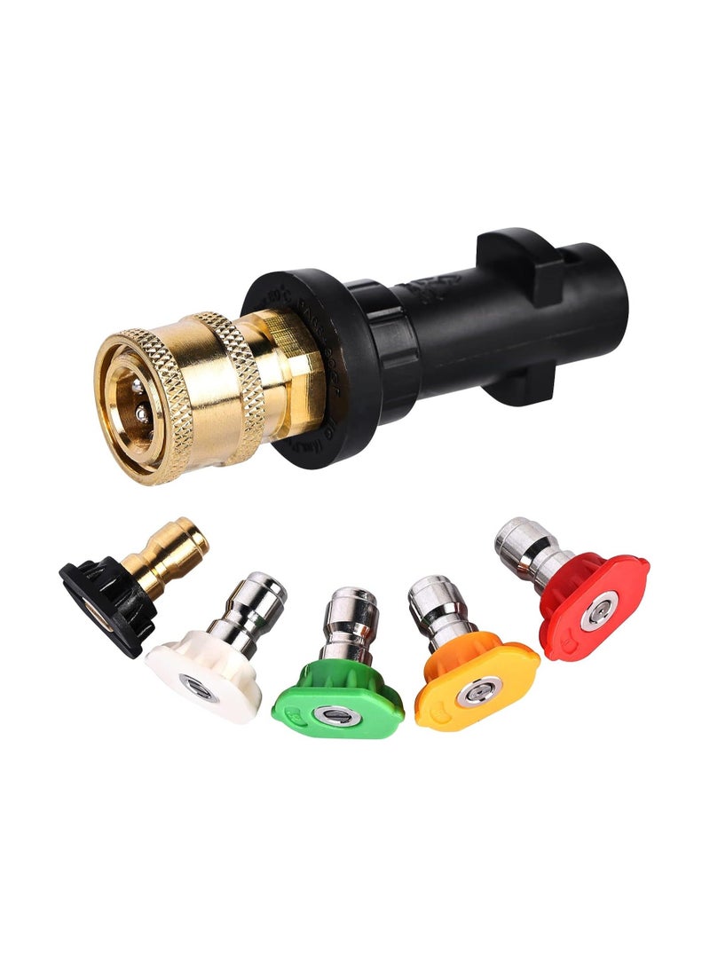 Brass Pressure Washer Gun Adapter A Quarter Inch Quick Connect Adapter Fitting For Karcher K2 To K7 Series Pressure Washer Adapter With 5 Power Washer Spray Nozzle Tips Multiple Degrees - Image 1
