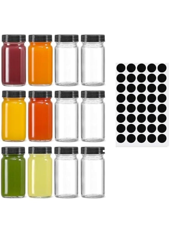 TRASSLE 12 Pack 2 oz Glass Shot Mini Bottles w/Black Lids&Black Stickers - Small Clear Jar for Ginger, Juice, Sample - Travel Essentials - Wide Mouth, Leakproof - Image 1