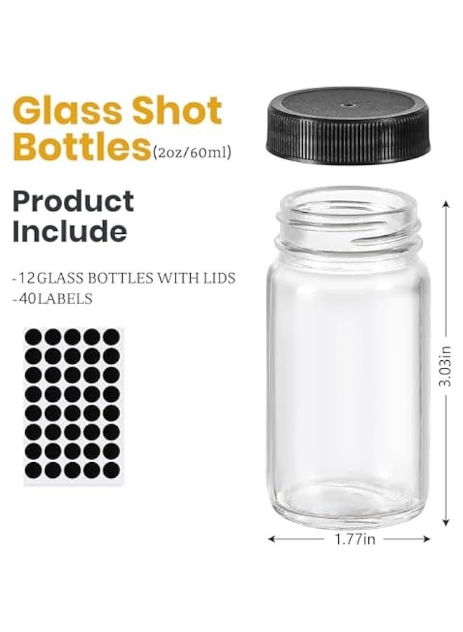 TRASSLE 12 Pack 2 oz Glass Shot Mini Bottles w/Black Lids&Black Stickers - Small Clear Jar for Ginger, Juice, Sample - Travel Essentials - Wide Mouth, Leakproof - Image 2