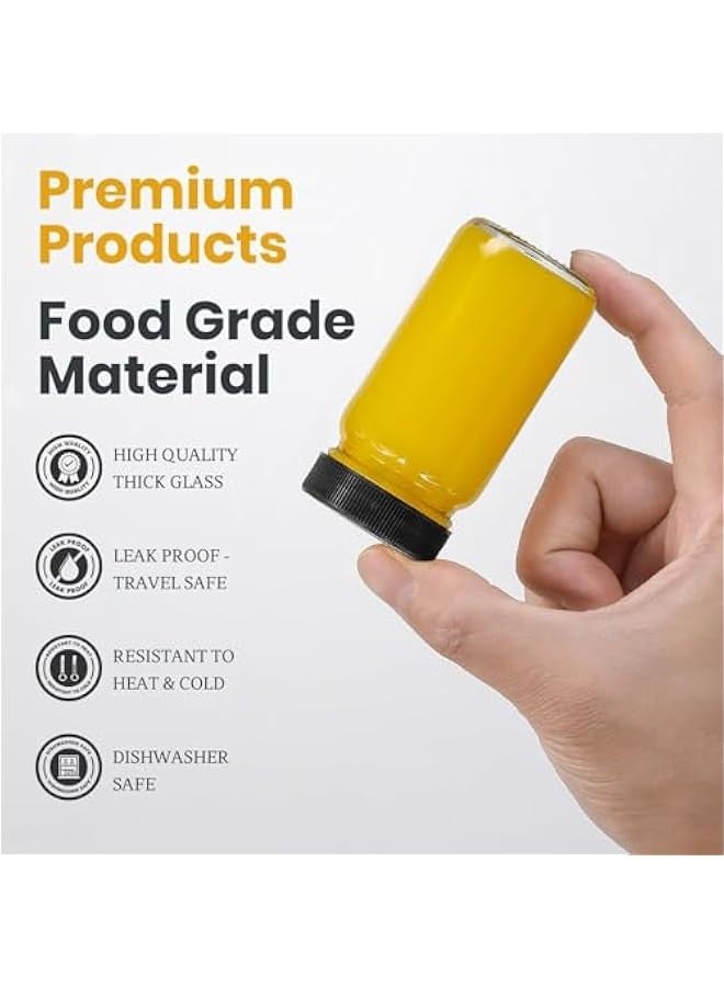 TRASSLE 12 Pack 2 oz Glass Shot Mini Bottles w/Black Lids&Black Stickers - Small Clear Jar for Ginger, Juice, Sample - Travel Essentials - Wide Mouth, Leakproof - Image 3