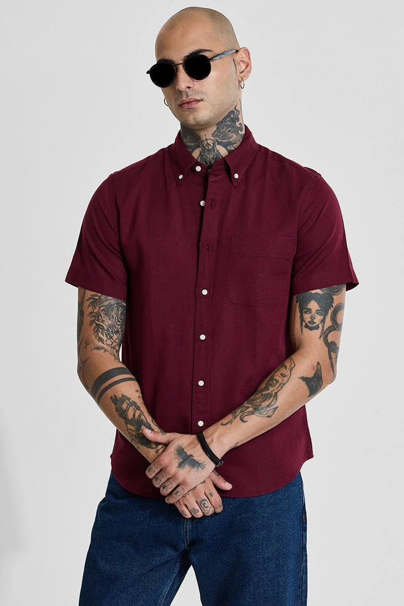 SNITCH Maroon Linen Blend Slim Fit Shirt