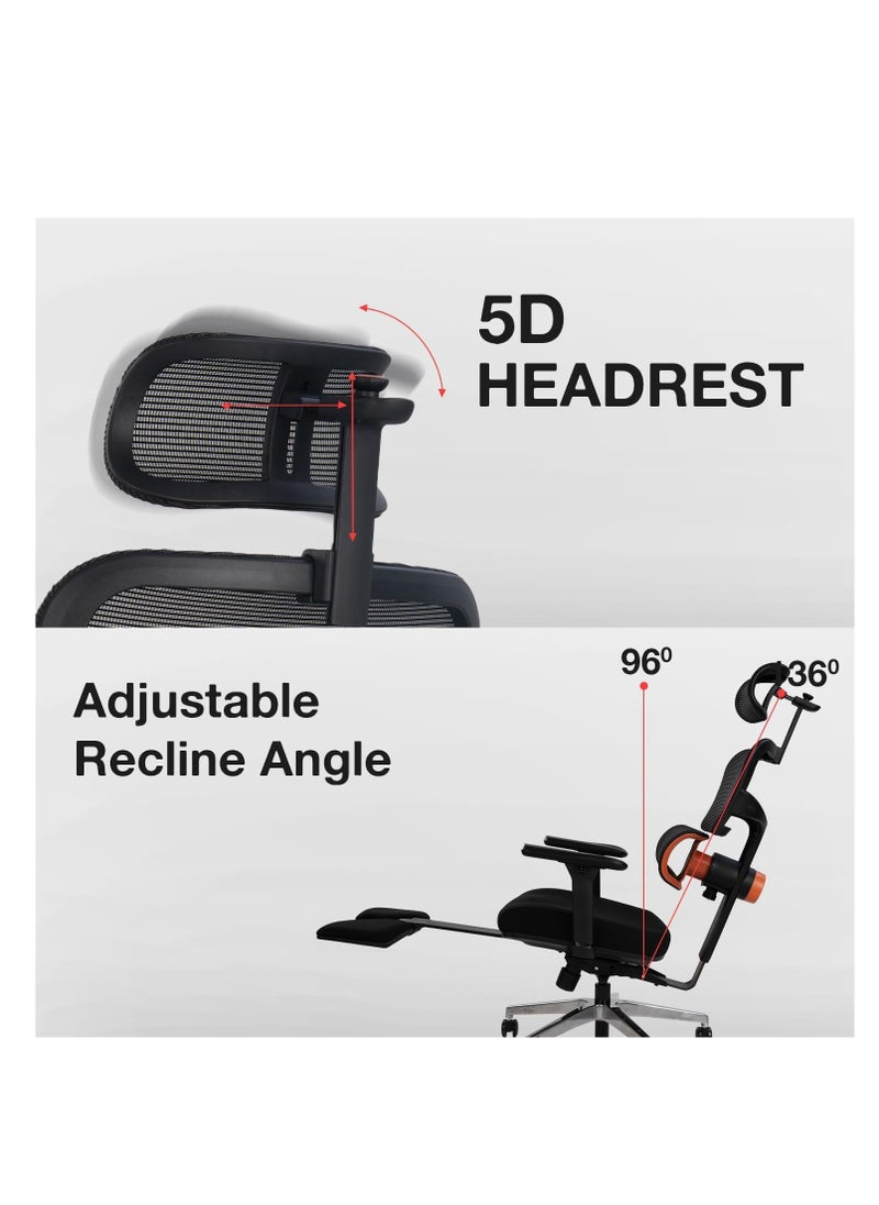 DROGO Ergonomic Office Chair for Work from Home with Adaptive Lumbar Support, 4D Armrest, Tray, Recline, Footrest, Adjustable Height & Headrest, High Back Computer Chair Office/Home (Black)  - Image 4