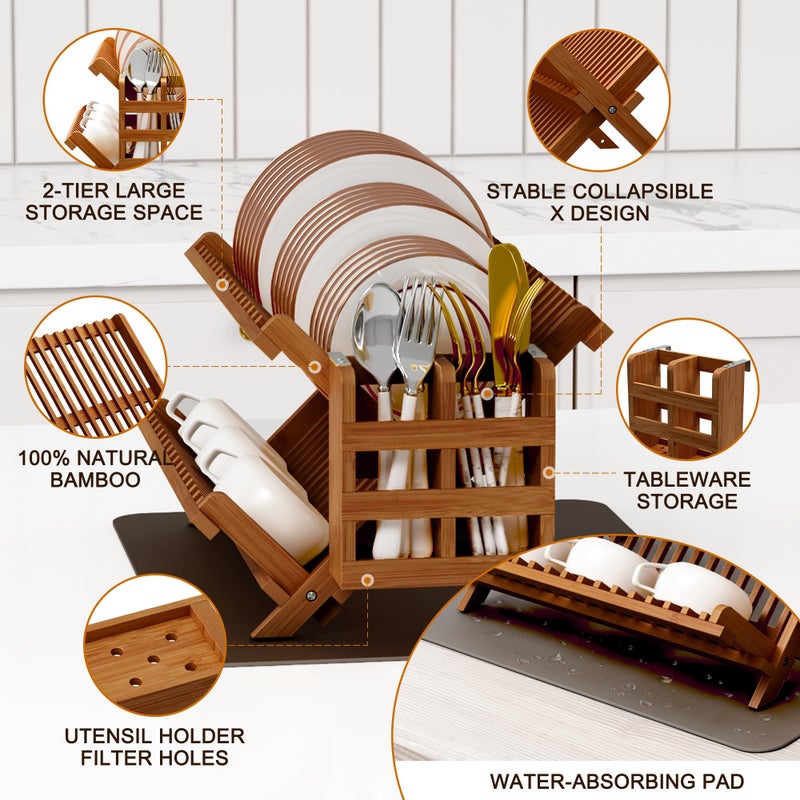 Greenual Teak Dish Drying Rack with Utensil Holder, 2 Tier Collapsible Dish Rack, Wooden Dish Racks for Kitchen Counter, Folding Drying Holder with Absorbent Dish Drying Mat - Image 5