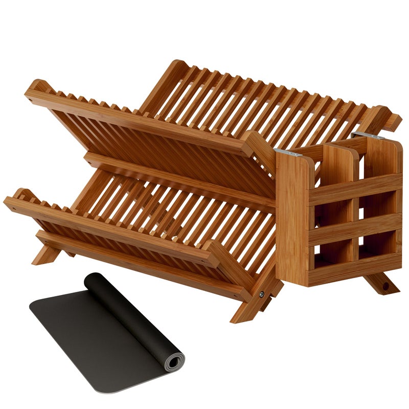 Greenual Teak Dish Drying Rack with Utensil Holder, 2 Tier Collapsible Dish Rack, Wooden Dish Racks for Kitchen Counter, Folding Drying Holder with Absorbent Dish Drying Mat - Image 1