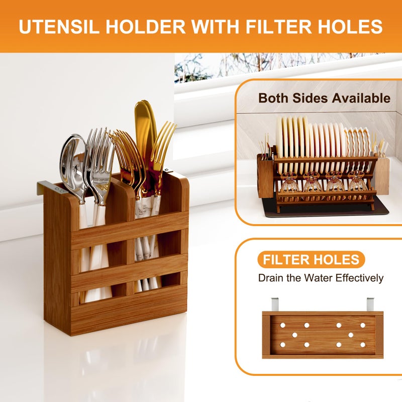 Greenual Teak Dish Drying Rack with Utensil Holder, 2 Tier Collapsible Dish Rack, Wooden Dish Racks for Kitchen Counter, Folding Drying Holder with Absorbent Dish Drying Mat - Image 3