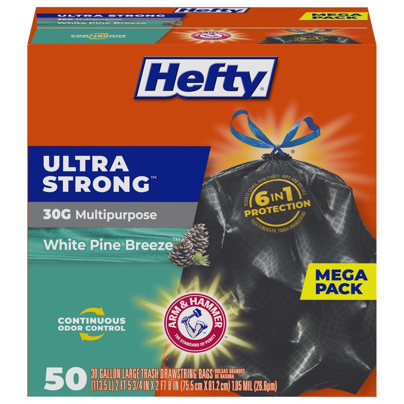 Hefty Ultra Strong 30 Gallon Trash Bags, Large Trash Bags 30 Gallon Size, Multipurpose, Break Resistant Drawstring Closure, Resists Leaks, Punctures, and Tears, Black, White Pine Breeze Scent, 50 Bags - Image 1
