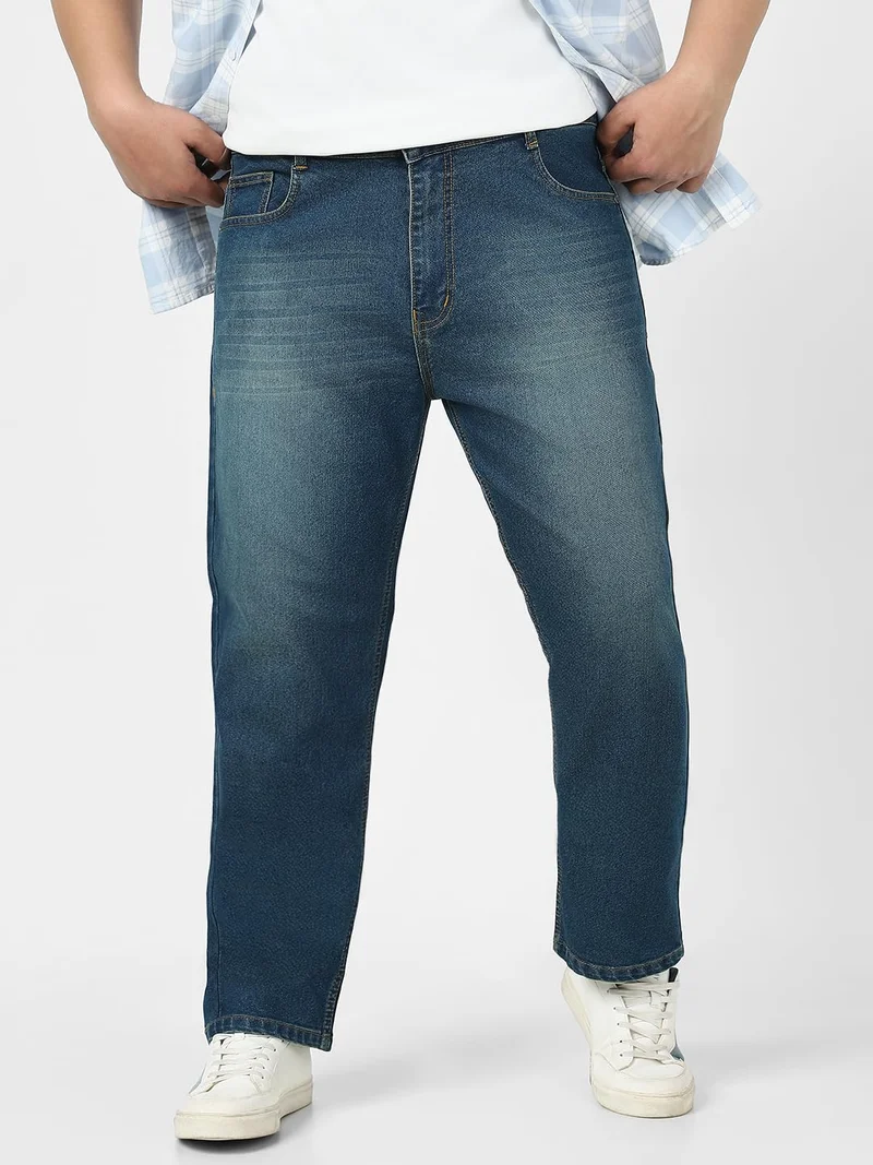 Urbano Plus Men's Blue Straight Fit Washed Jeans Stretchable