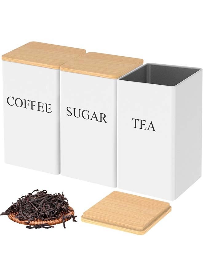 YIM-VIBEHAUS Set of 3 Tea Coffee Sugar Canisters, Kitchen Storage Jars with Bamboo Lid, Metal Storage Tin for Kitchen Containers & Storage White (8.5x8.5x15cm) - Image 1
