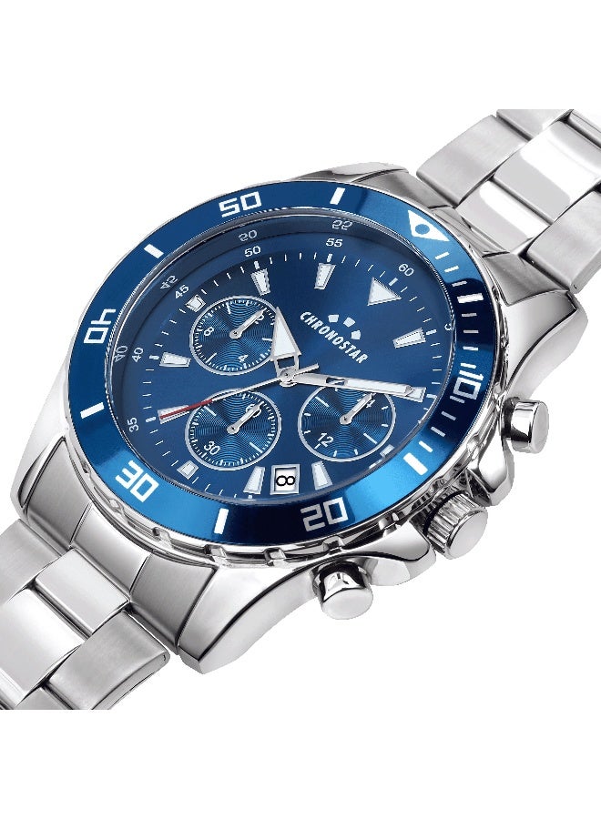 Chronostar Men's Blue Round Chronograph Dial with Grey Stainless Steel Band Watch - 43mm - R3753291008 - Image 2