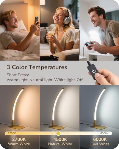 EDISHINE Curved LED Table Lamp, Modern Bedside Lamp with 3 Color Temperature & Stepless Dimming, Aluminum & Iron, Nightstand Lamp for Bedroom, Living Room, Gold - Image 4