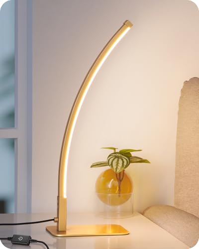 EDISHINE Curved LED Table Lamp, Modern Bedside Lamp with 3 Color Temperature & Stepless Dimming, Aluminum & Iron, Nightstand Lamp for Bedroom, Living Room, Gold - Image 1