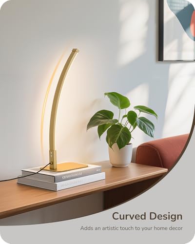 EDISHINE Curved LED Table Lamp, Modern Bedside Lamp with 3 Color Temperature & Stepless Dimming, Aluminum & Iron, Nightstand Lamp for Bedroom, Living Room, Gold - Image 2