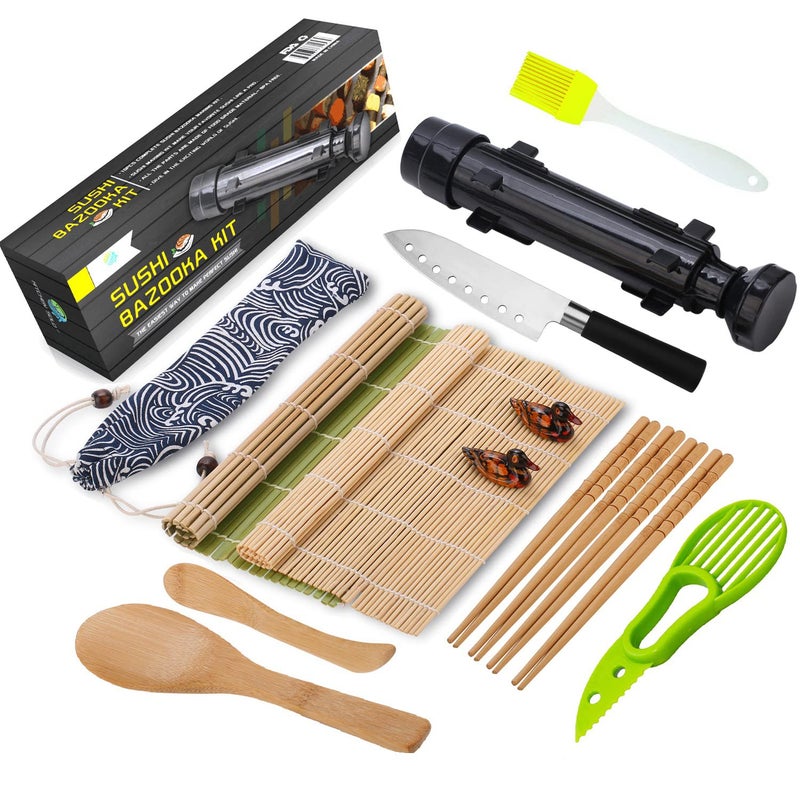 FUNGYAND Sushi Making Kit AllinOne Bazooka Roller Set with Bamboo Mats Avocado Slicer Paddle Knife Chopstick  Holders Cotton Bag  DIY Maki Roller Machine
