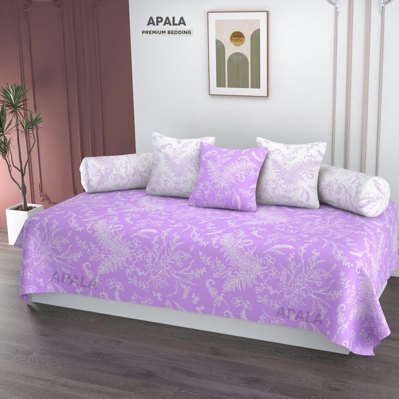 APALA Super Soft Cotton Floral diwan Set for Living Room, diwan Set Covers Cotton, diwan Set 6 Pieces One Single Bedsheet with 3 Cushion Cover,2 Bolster (Purple) - Image 1