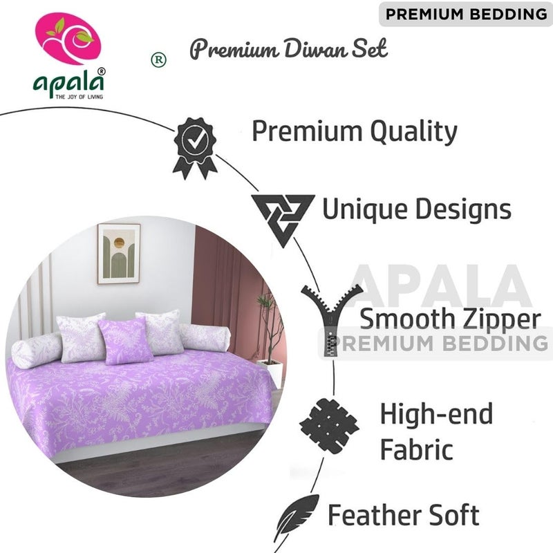APALA Super Soft Cotton Floral diwan Set for Living Room, diwan Set Covers Cotton, diwan Set 6 Pieces One Single Bedsheet with 3 Cushion Cover,2 Bolster (Purple) - Image 2