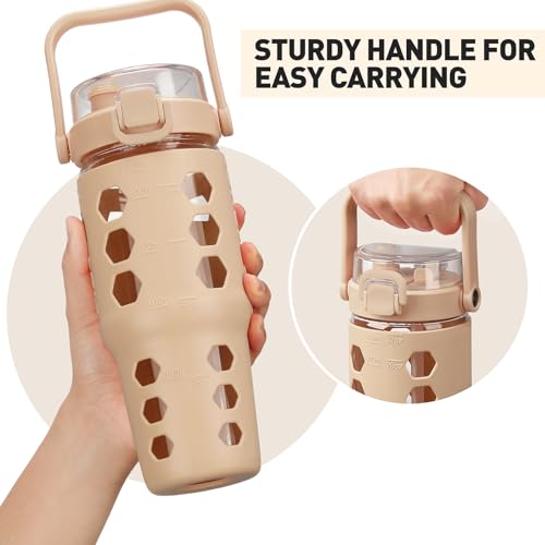 MUKOKO 32 oz Glass Tumbler with Straw,Glass Water Bottles with Time Marker,Iced Coffee Cup with Silicone Sleeve,Motivational Drinking Bottles,Leakproof-Amber - Image 5