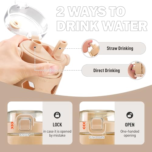 MUKOKO 32 oz Glass Tumbler with Straw,Glass Water Bottles with Time Marker,Iced Coffee Cup with Silicone Sleeve,Motivational Drinking Bottles,Leakproof-Amber - Image 2
