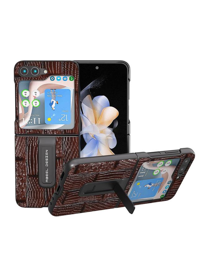اس-توب جراب لهاتف Samsung Galaxy Z Flip5 من ABEEL مصنوع من الجلد الطبيعي بنمط Mahjong Texture Series مع حامل - Image 1