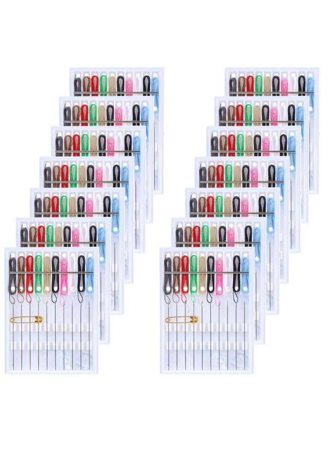 Mtlee 14 Boxes 140 Pieces Mini Quick Fix Sewing Kit Easy Pre Threaded Needle Kit Basic Personal Sewing Kit Plastic Threaded Needle Holder Small Home Travel Sewing Box With Pin Button Assorted Colors - Image 1