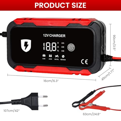 STHIRA® Car Battery Charger, 12V/6A Smart Car Battery Charger, Pulse Maintenance, Touch Screen, Multiple Protective Mechanism, Universal BatteryCharger for Motorcycle, Boat, Car - Image 2