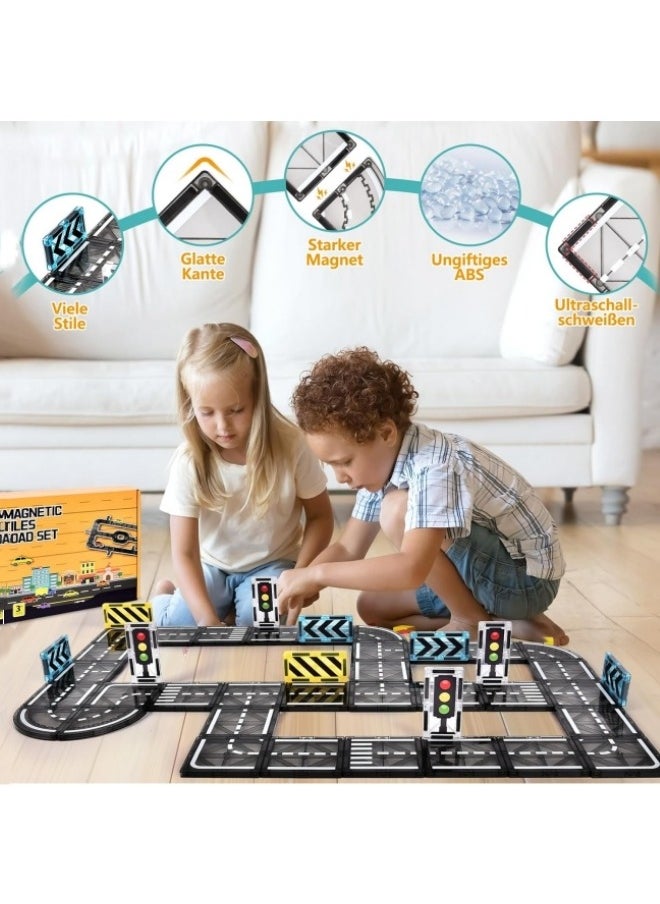 Magnetic Building Blocks Road Set, 50PCS Magnetic Tiles City Roads, Educational STEM Creativity Toys Magnetic Building Blocks Road Attachment Set Learning Activities Gift from 3 4 5 Years  - Image 2