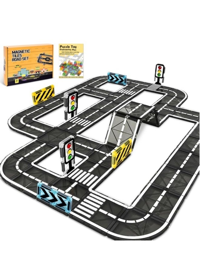 Magnetic Building Blocks Road Set, 50PCS Magnetic Tiles City Roads, Educational STEM Creativity Toys Magnetic Building Blocks Road Attachment Set Learning Activities Gift from 3 4 5 Years  - Image 1
