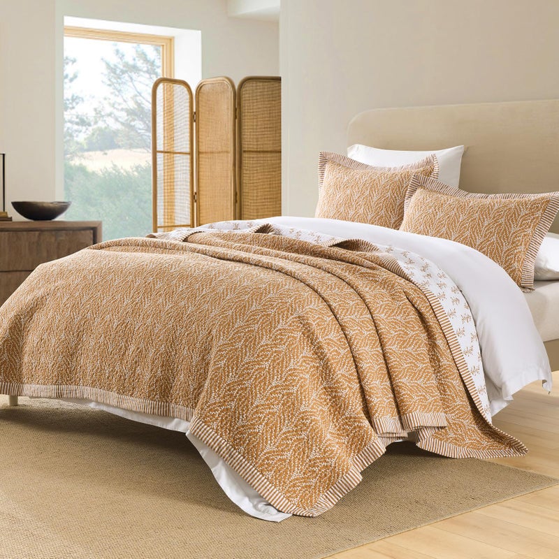 SahSahCasa Quilt Set Queen Size, 100% Cotton Quilt Bedding Set Bedspread, Botanical Pattern Solid Color Chic Lightweight Quilted Comforter for Queen Bed, White/Caramel, All Season, 3 Pieces - Image 2