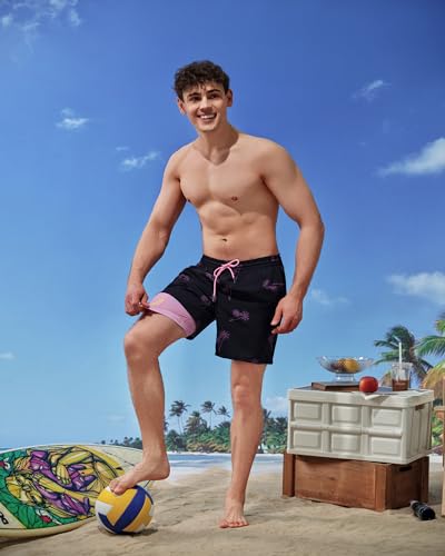 SURF CUZ Mens Swim Trunks with Compression Liner Quick Dry Swim Shorts 7" Swimming Trunks Stretch Zipper Pockets Black Palm Tree Medium - Image 2