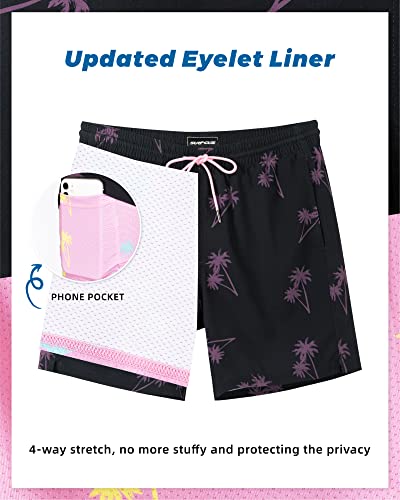 SURF CUZ Mens Swim Trunks with Compression Liner Quick Dry Swim Shorts 7" Swimming Trunks Stretch Zipper Pockets Black Palm Tree Medium - Image 3