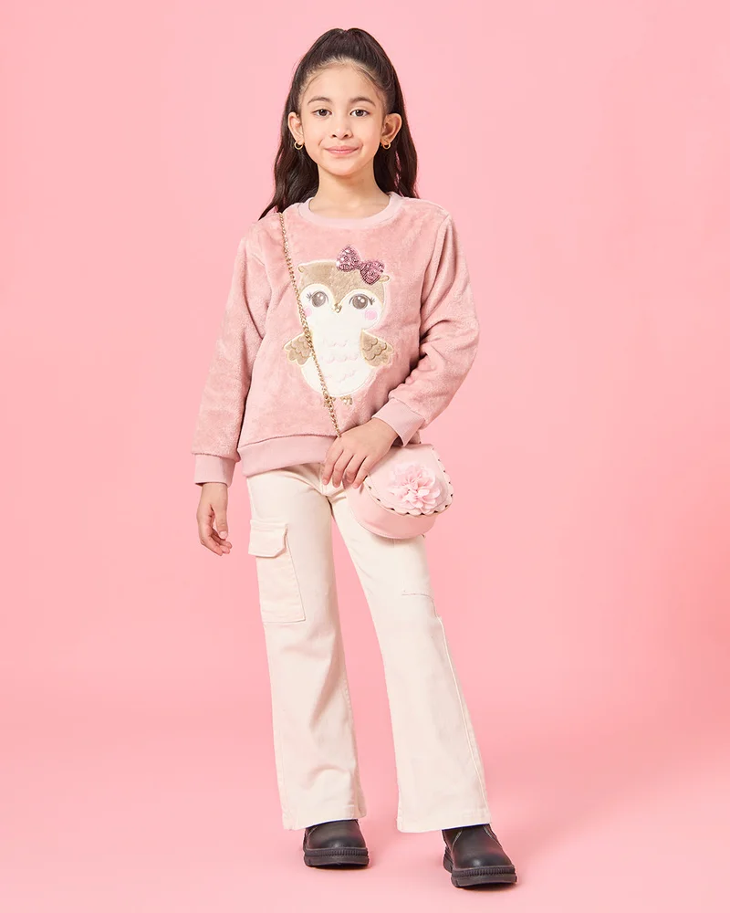 REDTAG Girls Pink Owl Placement Print Sweatshirt