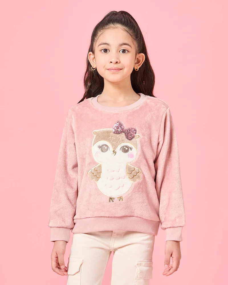 REDTAG Girls Pink Owl Placement Print Sweatshirt