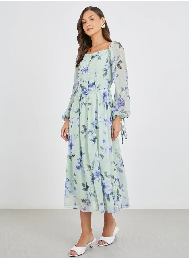 Styli Styli Floral Print Balloon Sleeve A-Line Midi Dress