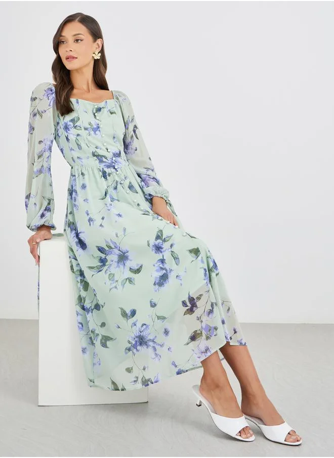 Styli Styli Floral Print Balloon Sleeve A-Line Midi Dress