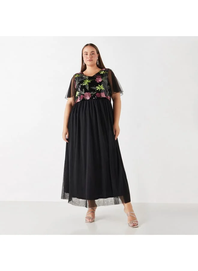 Ulla Popken Plus Size Ulla Popken Embellished Maxi Dress with Cap Sleeves