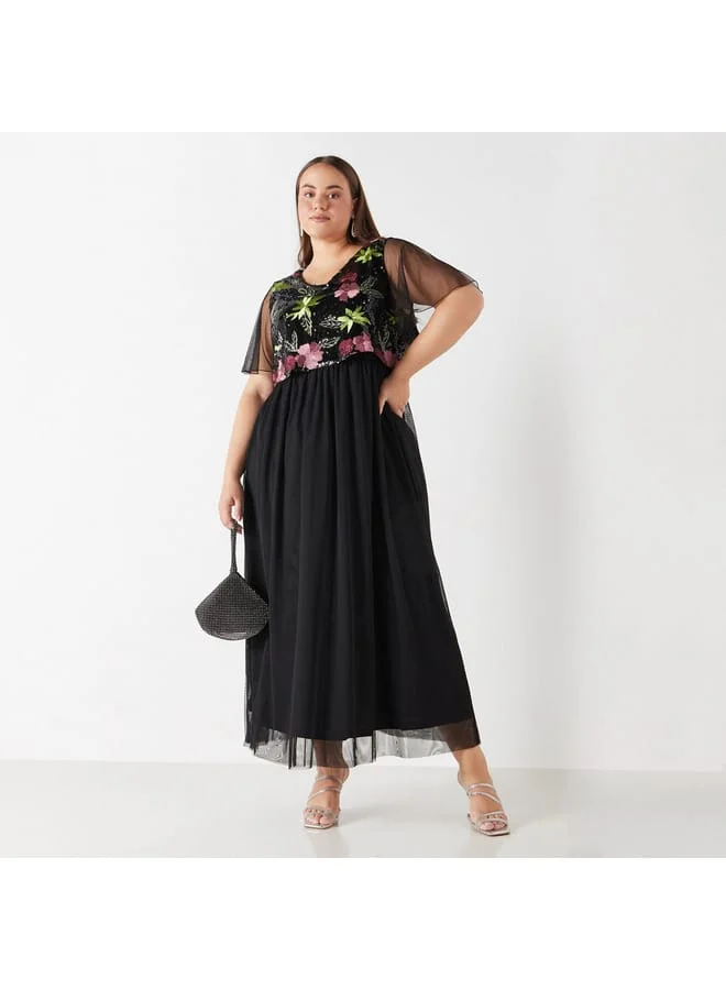 Ulla Popken Plus Size Ulla Popken Embellished Maxi Dress with Cap Sleeves
