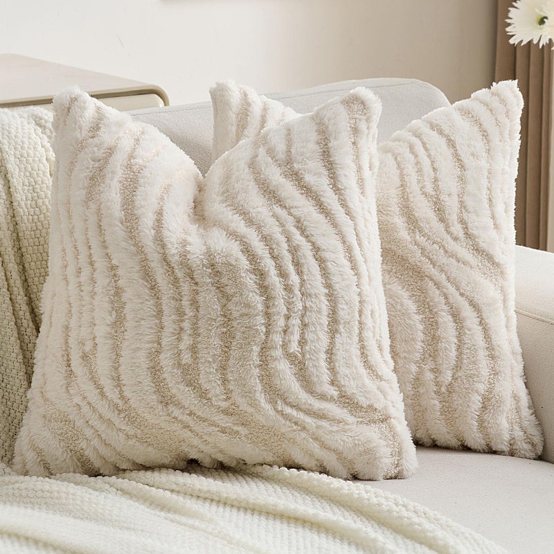 FUTEI Cream Decorative Throw Pillow Covers 18x18 Inch Set of 2,Soft Faux Fur Geometric Shapes Texture Cushion Case,Boho Home Decor for Couch Bed Living Room - Image 1