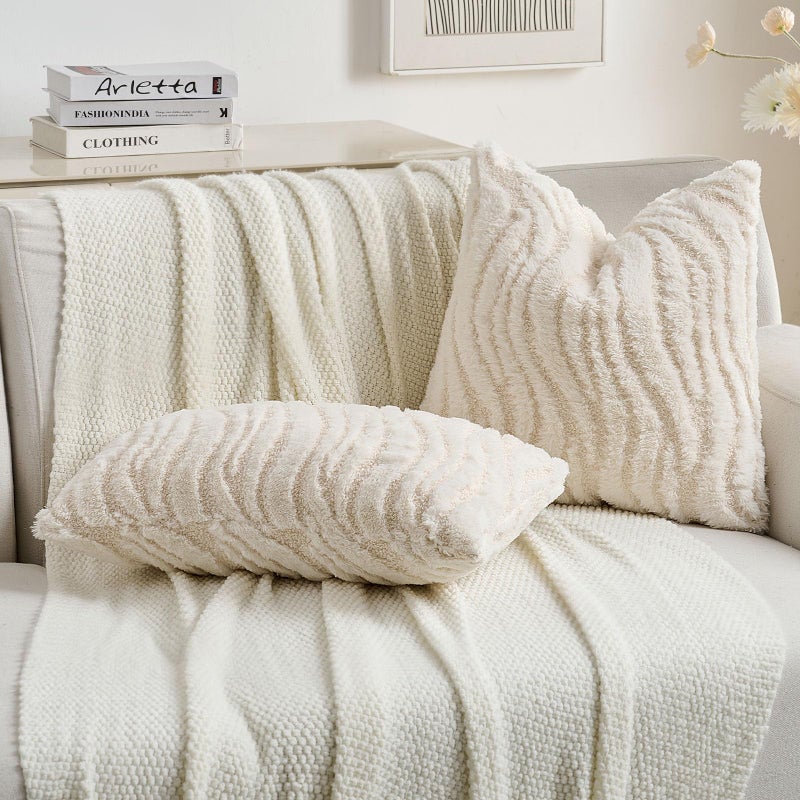 FUTEI Cream Decorative Throw Pillow Covers 18x18 Inch Set of 2,Soft Faux Fur Geometric Shapes Texture Cushion Case,Boho Home Decor for Couch Bed Living Room - Image 5