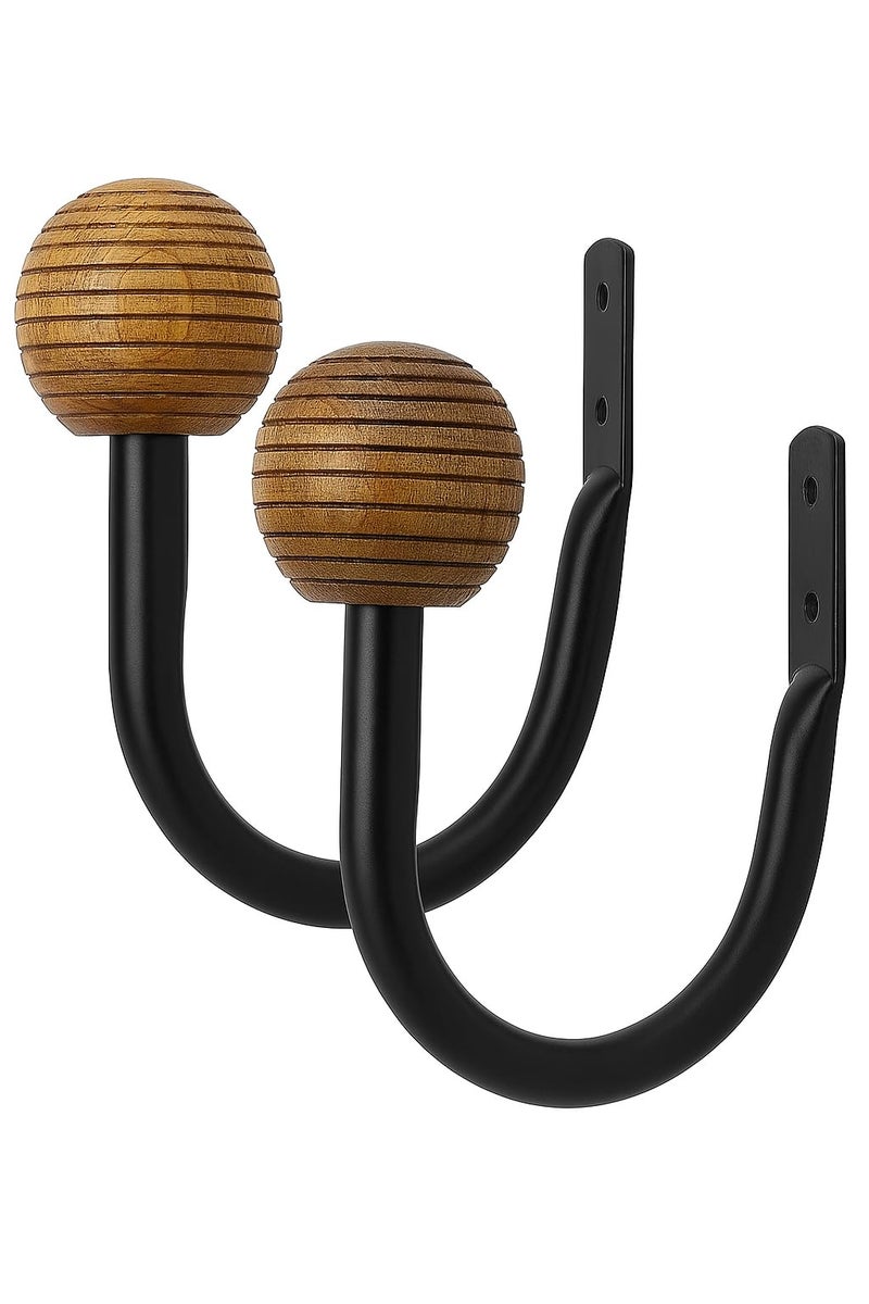 Colornest 2 Pcs Curtain Holdbacks – Metal Curtain Tiebacks with Wooden Ribbed Ball Finials | Decorative Wall Mounted Drapery Hooks for Living Room, Bedroom – Black - Image 2
