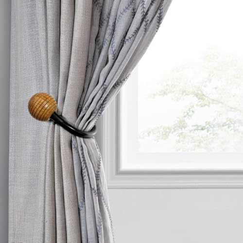Colornest 2 Pcs Curtain Holdbacks – Metal Curtain Tiebacks with Wooden Ribbed Ball Finials | Decorative Wall Mounted Drapery Hooks for Living Room, Bedroom – Black - Image 4